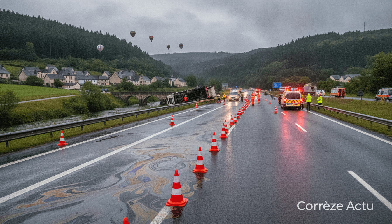 Illustration : A20 coupée entre Noailles et Brive-ouest après la sortie de route d'un poids lourd